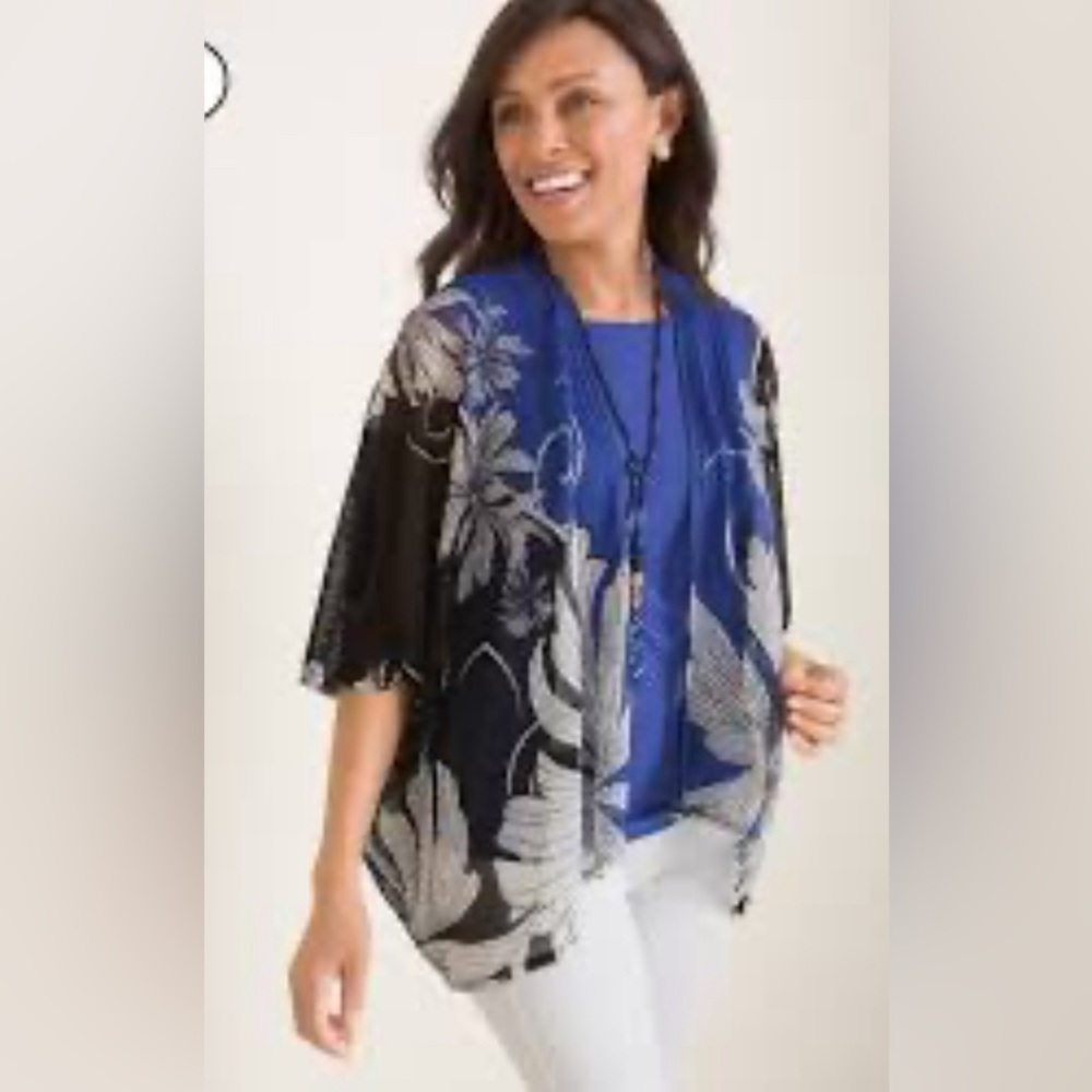 NWT Chicos Travelers Floral wheatmesh jacket. Deep Amparo Blue size S/M